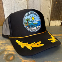 Hermosa Beach SHOREFRONT 5 Panel High Crown Mesh Back Captain Trucker Hat- Black/Gold