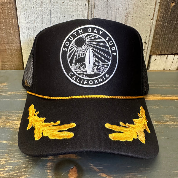 SOUTH BAY SURF (Black Patch) 5 Panel High Crown Mesh Back Captain Trucker Hat - Black/Gold