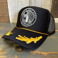 SOUTH BAY SURF (Black Patch) 5 Panel High Crown Mesh Back Captain Trucker Hat - Black/Gold