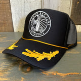 SOUTH BAY SURF (Black Patch) 5 Panel High Crown Mesh Back Captain Trucker Hat - Black/Gold