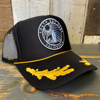 SOUTH BAY SURF (Black Patch) 5 Panel High Crown Mesh Back Captain Trucker Hat - Black/Gold