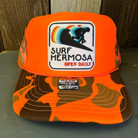 SURF HERMOSA :: OPEN DAILY High Crown Trucker Hat - Neon Orange Hunters Camo
