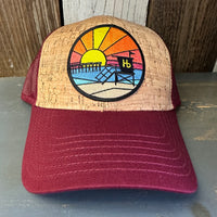 Hermosa Beach OBLIGATORY SUNSET Premium Cork Low Profile Mesh Back Trucker Hat - (Maroon/Cork)