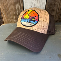 Hermosa Beach OBLIGATORY SUNSET Premium Cork Low Profile Mesh Back Trucker Hat - (Brown/Cork)