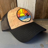 Hermosa Beach OBLIGATORY SUNSET Premium Cork Low Profile Mesh Back Trucker Hat - (Black/Cork)
