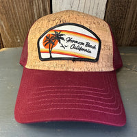 Hermosa Beach RETRO SUNSET Premium Cork Low Profile Mesh Back Trucker Hat - (Maroon/Cork)