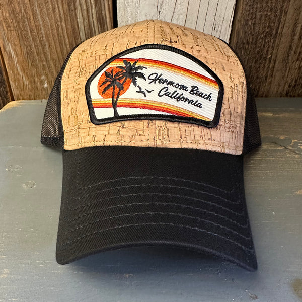 Hermosa Beach RETRO SUNSET Premium Cork Low Profile Mesh Back Trucker Hat - (Black/Cork)