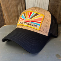 Hermosa Beach MUY HERMOSA Premium Cork Low Profile Mesh Back Trucker Hat - (Black/Cork)