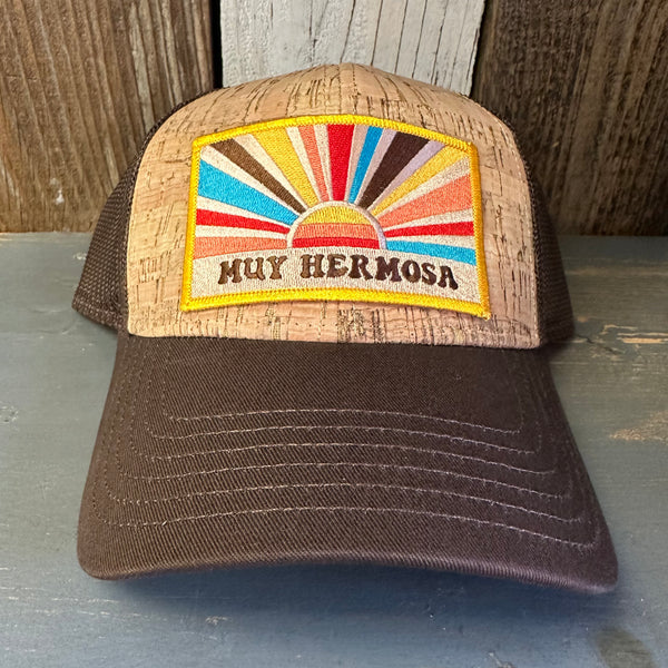 Hermosa Beach MUY HERMOSA Premium Cork Low Profile Mesh Back Trucker Hat - (Brown/Cork)