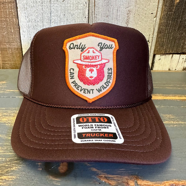 SMOKEY BEAR :: ONLY YOU CAN PREVENT WILDFIRES High Crown Trucker Hat - Brown