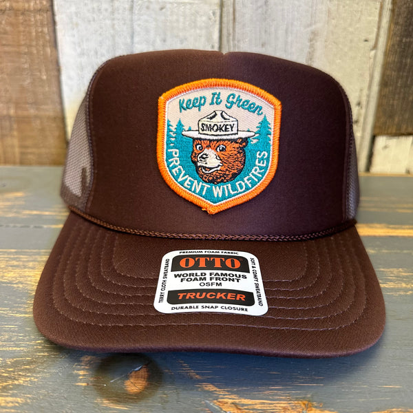 SMOKEY BEAR :: KEEP IT GREEN PREVENT WILDFIRES High Crown Trucker Hat - Brown