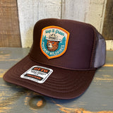 SMOKEY BEAR :: KEEP IT GREEN PREVENT WILDFIRES High Crown Trucker Hat - Brown