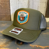 SMOKEY BEAR :: KEEP IT GREEN PREVENT WILDFIRES High Crown Trucker Hat - Olive