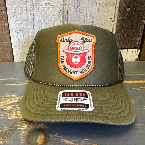 SMOKEY BEAR :: ONLY YOU CAN PREVENT WILDFIRES High Crown Trucker Hat - Olive