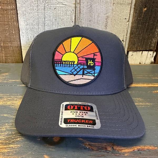 Hermosa Beach OBLIGATORY SUNSET Mid Profile Mesh Back Trucker Hat - Charcoal Grey