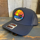 Hermosa Beach OBLIGATORY SUNSET Mid Profile Mesh Back Trucker Hat - Charcoal Grey