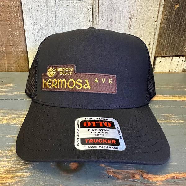 Hermosa Beach HERMOSA AVE - 5 Panel Mid Profile Mesh Back Trucker Hat - Black