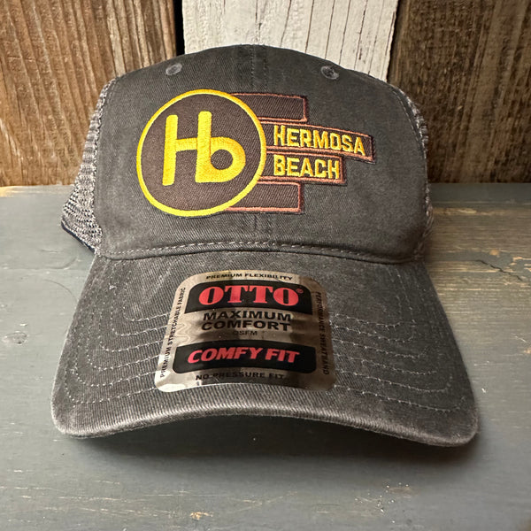 Hermosa Beach THE NEW STYLE 6 Panel Low Profile "OTTO COMFY FIT" Mesh Back Trucker Hat - Vintage Wash Black/Grey