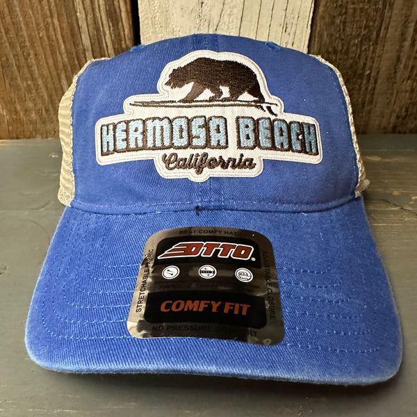 Hermosa Beach SURFING GRIZZLY BEAR Low Profile "OTTO COMFY FIT" Trucker Hat - Vintage Wash Royal Blue/Khakis