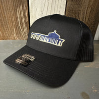 MANHATTAN BEACH PIER & ROUNDHOUSE - 5 Panel Mid Profile Mesh Back Trucker Hat - Black