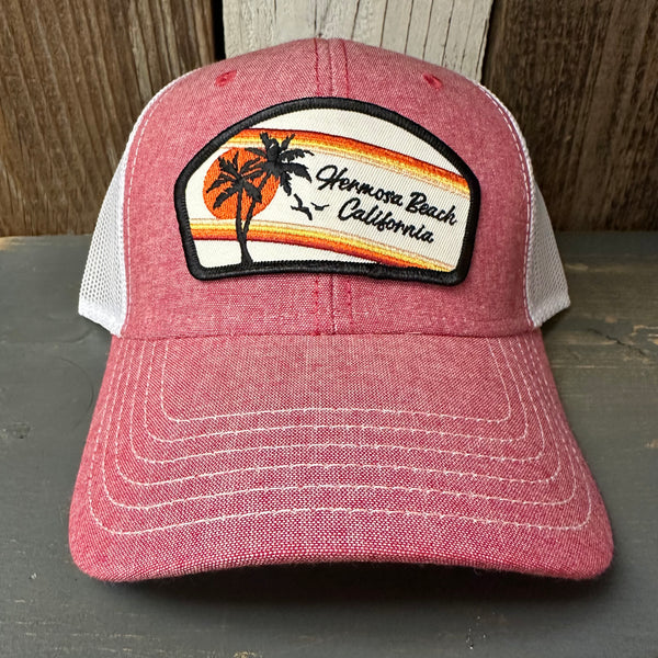 Hermosa Beach RETRO SUNSET 6 Panel Low Profile Mesh Back Trucker Hat - Red/White
