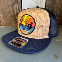 Hermosa Beach OBLIGATORY SUNSET Premium Cork Trucker Hat (Navy Blue)