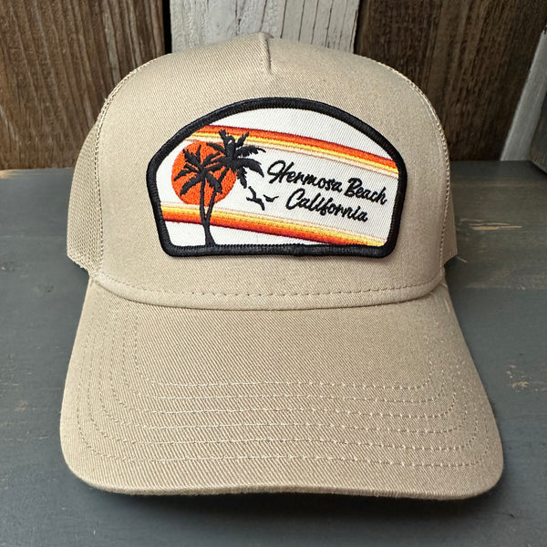 Hermosa Beach RETRO SUNSET - 5 Panel Mid Profile Mesh Back Trucker Hat - Khaki