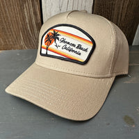 Hermosa Beach RETRO SUNSET - 5 Panel Mid Profile Mesh Back Trucker Hat - Khaki