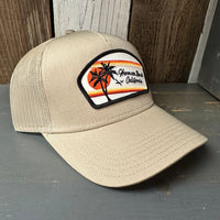 Hermosa Beach RETRO SUNSET - 5 Panel Mid Profile Mesh Back Trucker Hat - Khaki