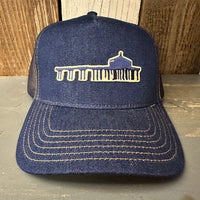 MANHATTAN BEACH PIER & ROUNDHOUSE Premium Denim Trucker Hat - Navy/Gold Stitching