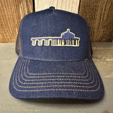 MANHATTAN BEACH PIER & ROUNDHOUSE Premium Denim Trucker Hat - Navy/Gold Stitching