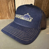 MANHATTAN BEACH PIER & ROUNDHOUSE Premium Denim Trucker Hat - Navy/Gold Stitching