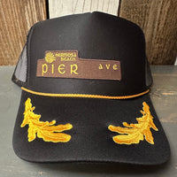 Hermosa Beach PIER AVE 5 Panel High Crown Mesh Back Captain Trucker Hat- Black/Gold
