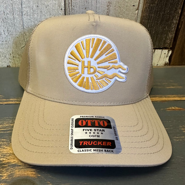 Hermosa Beach CLASSIC LOGO - 5 Panel Mid Profile Trucker Hat - Khaki