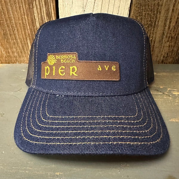 Hermosa Beach PIER AVE Premium Denim Trucker Hat - Navy/Gold Stitching