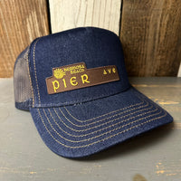 Hermosa Beach PIER AVE Premium Denim Trucker Hat - Navy/Gold Stitching