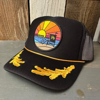 Hermosa Beach OBLIGATORY SUNSET 5 Panel High Crown Mesh Back Captain Trucker Hat- Black/Gold