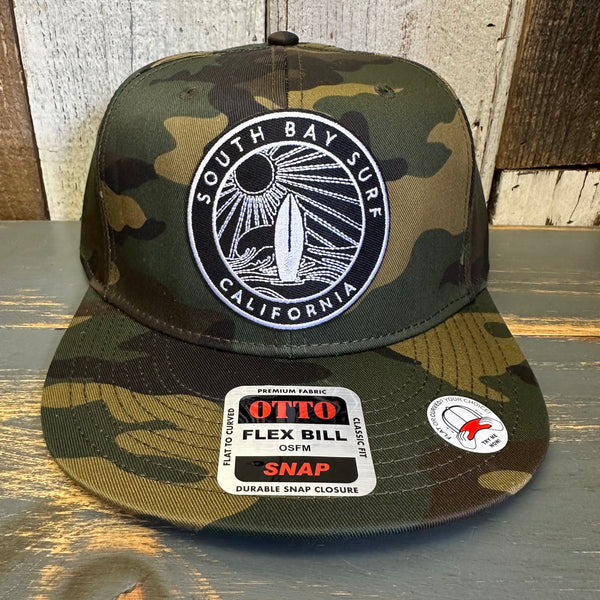 SOUTH BAY SURF (Black Patch) 6 Panel FLEX BILL Snapback Hat - Camo