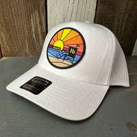 Hermosa Beach OBLIGATORY SUNSET - 5 Panel Mid Profile Mesh Back Trucker Hat - White