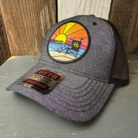 Hermosa Beach OBLIGATORY SUNSET 6 Panel Low Profile Mesh Back Trucker Hat - Charcoal/Black