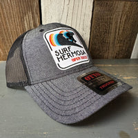 Hermosa Beach SURF HERMOSA :: OPEN DAILY 6 Panel Low Profile Mesh Back Trucker Hat - Charcoal/Black