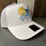 Hermosa Beach NORTH OF PIER - 5 Panel Mid Profile Mesh Back Trucker Hat - White