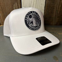 SOUTH BAY SURF (Navy Patch) 5 Panel Mid Profile Mesh Back Trucker Hat - White
