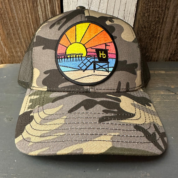 Hermosa Beach OBLIGATORY SUNSET 6 Panel Low Profile Trucker Hat - Camo/Olive Green Mesh