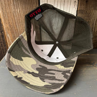 Hermosa Beach SURF HERMOSA :: OPEN DAILY 6 Panel Low Profile Trucker Hat - Camo/Olive Green Mesh