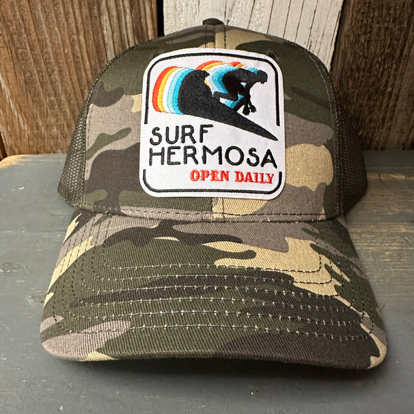 Hermosa Beach SURF HERMOSA :: OPEN DAILY 6 Panel Low Profile Trucker Hat - Camo/Olive Green Mesh