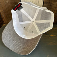 Hermosa Beach ARE YOU ESTABLISHED? 6 Panel Low Profile Mesh Back Trucker Hat - Charcoal Grey/White