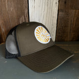 Hermosa Beach CLASSIC LOGO - 6 Panel Structured Poly/Cotton Front Mesh Back Trucker Hat - Black/Loden Green