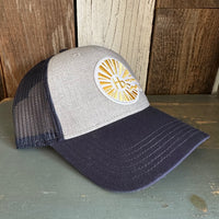 Hermosa Beach CLASSIC LOGO 6 Panel Low Profile Mesh Back Trucker Hat - Navy/Heather Grey