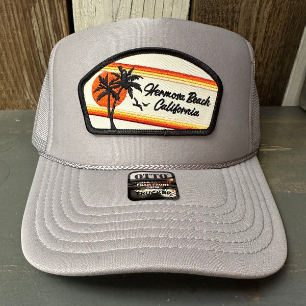 Hermosa Beach RETRO SUNSET High Crown Trucker Hat - Grey (Curved Brim)